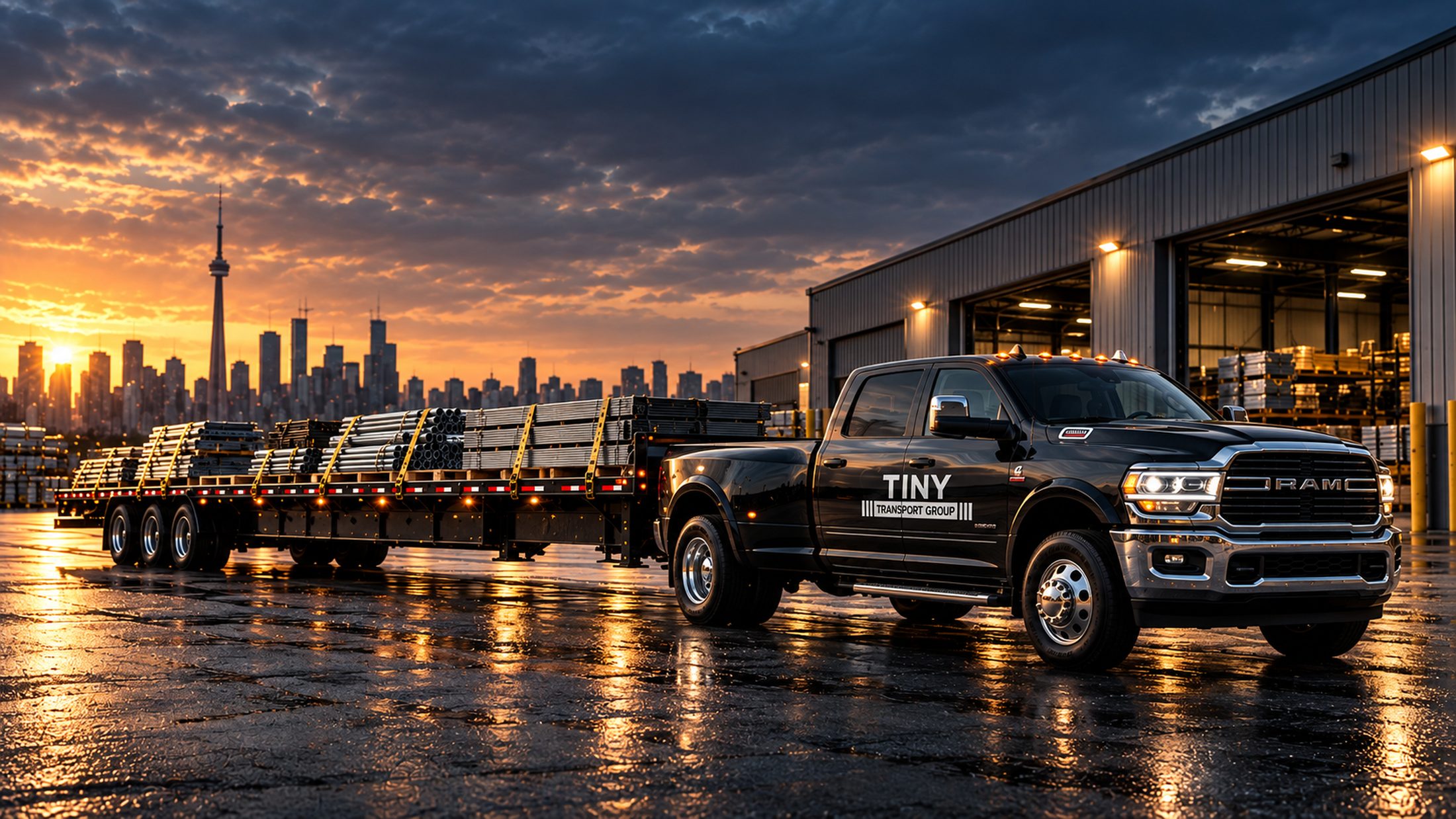 Tiny Transport Group flatbed truck loaded with steel pipe in Toronto